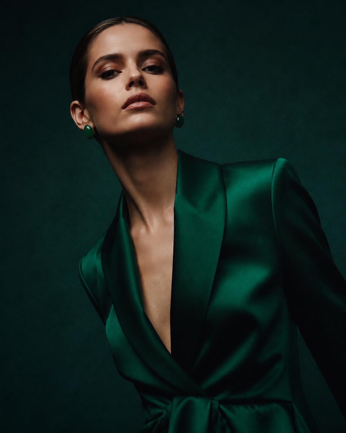 Editorial portrait of a client styled in an emerald silk blazer